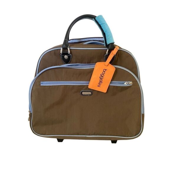 Baggallini 2-Wheeled Rolling Tote Carry On Bag Brown and Blue - Picture 1 of 4